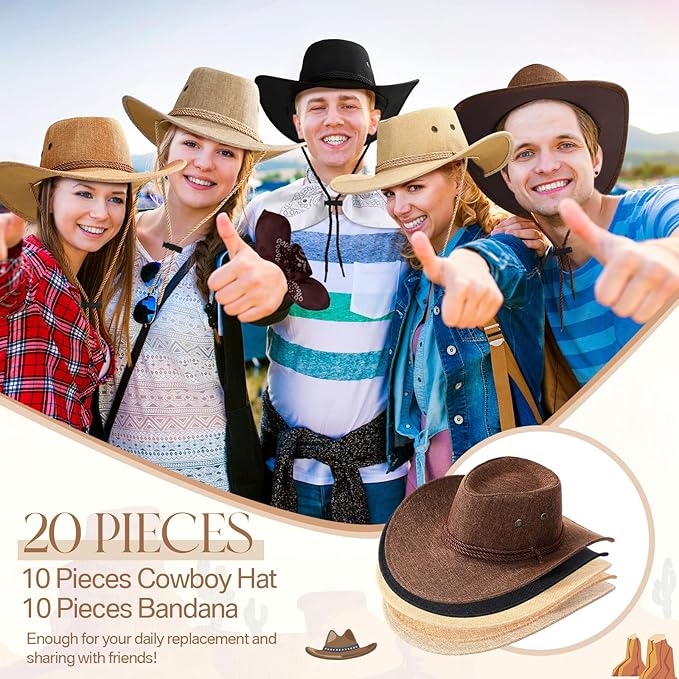 Coume 10 Set Cowboy Hat and Bandana for Women Men 10 Felt Cowgirl Cowboy Hat Bulk 10 Western Bandanas for Adult Costume Party