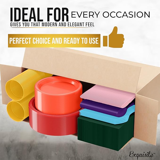 Exquisite 350 Pcs Rainbow Plastic Plates For Party, Rainbow Disposable Plates Set, 50 Of Each 9" Dinner Plate Set, 7" Dessert Plate, Cups, Napkins & Cutlery Plastic Dinnerware