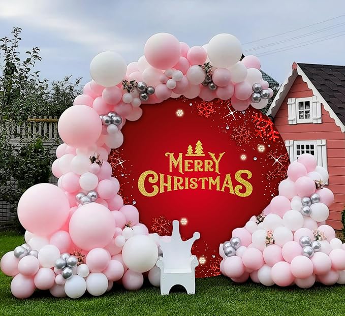 Merry Christmas Round Backdrop Cover 7.2ft for Photography Gold Merry Christmas Red Round Backdrop Cover Shining Snowflake Background Winter Party Supplies New Year Holiday Family Kids Photo