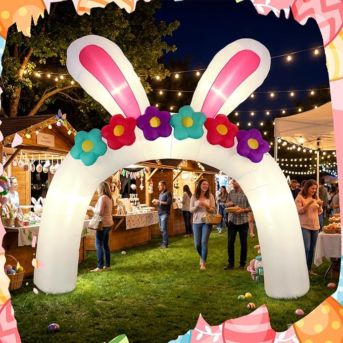 VIHOSE 10FT Easter Bunny Inflatable Arch with Flowers Giant Easter Blow Up Yard Decoration Rabbit Ear Archway Yard White Decoration with Build-in LED for Party Lawn Easters Egg Hunt Event