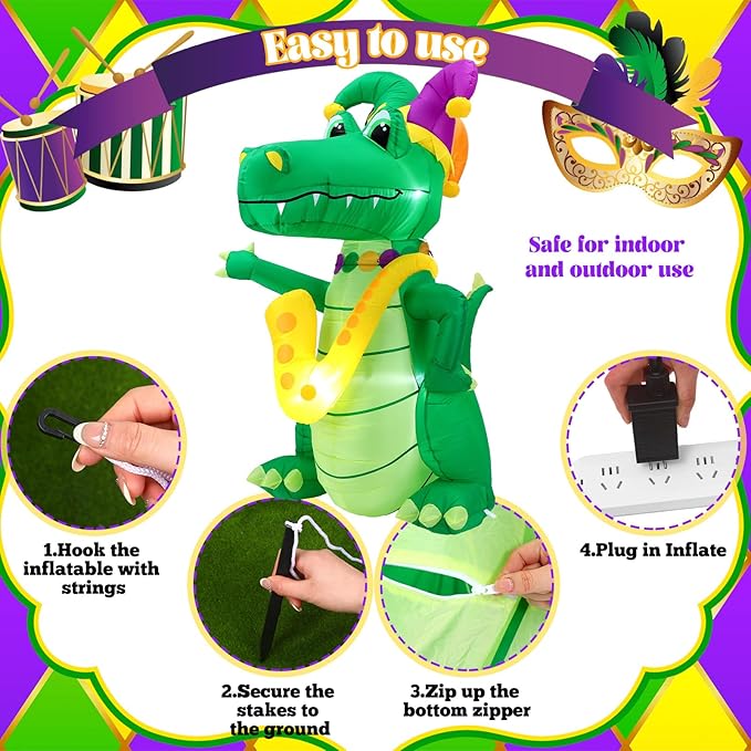 VIHOSE 5.5 FT Mardi Gras Inflatable Decoration Large Blow Up Alligator with Saxophone Necklace and Jester Hat Built in LED Lights for Mardi Gras Yard Garden Outdoor Decoration