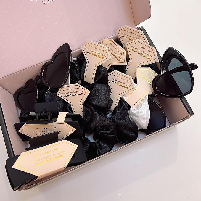 Bridesmaid Scrunchies Proposal Gifts square 4.1inch Bachelorette Hair Claws Clips women heart sunglasses headband gift for Wedding Party Favors (Black 48pcs)