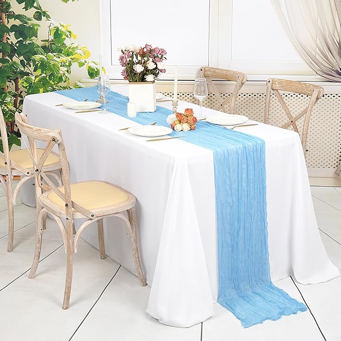 20 Pack Light Blue Table Runner 10Ft Cheesecloth Table Runner Boho Gauze Table Runner Long Cheese Cloth Table Runner Romantic Sheer Fabric Table Runners for Wedding Party Bridal Shower