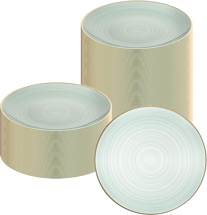 Restaurantware Plastic Plates 100 Pcs 10" Gold Rimmed Disposable Plates Heavy-Duty Green Translucent Rippled Plastic Dinner Servers for Party, Weddings, Salads, Desserts, and Appetizers