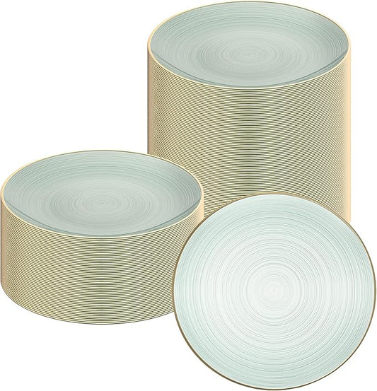 Restaurantware Plastic Plates 100 Pcs 10" Gold Rimmed Disposable Plates Heavy-Duty Green Translucent Rippled Plastic Dinner Servers for Party, Weddings, Salads, Desserts, and Appetizers