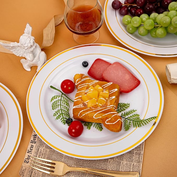 bUCLA 100Pieces Gold Plastic Dinner Plates - 10.25inch White and Gold Plates Disposable for Party - Ideal for Wedding, Party & Daily Use