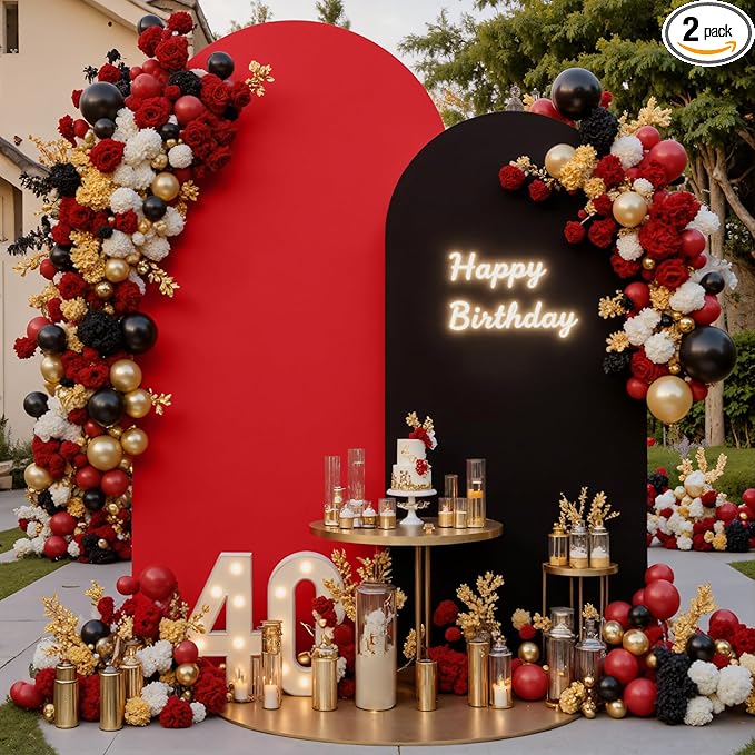 Black Red Photo Arch Backdrop Cover Set of 2 Spandex 7.2 and 6ft Arch Covers Stretchy Backdrop Birthday Party Arch Stand Covers for Baby Shower Wedding Retirement Banquet Background Decorations