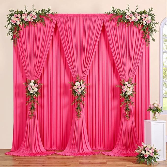 30 ft x 10 ft Wrinkle Free Fuchsia Backdrop Curtain for Parties, 6Panels Polyester Hot Pink Photo Backdrop Drapes for Wedding Birthday Party Baby Shower