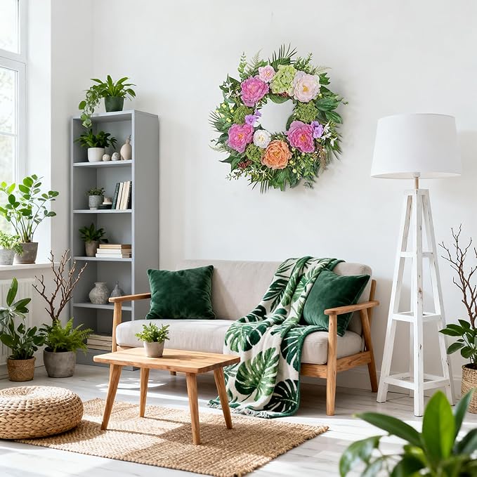 24 Inch Spring Wreath for Front Door with Peony Hydrangea Silk Flowers with Berry Greenery for All Seasons Porch Wedding Wall Farmhouse Porch Wall Living Room Home Widding Decor