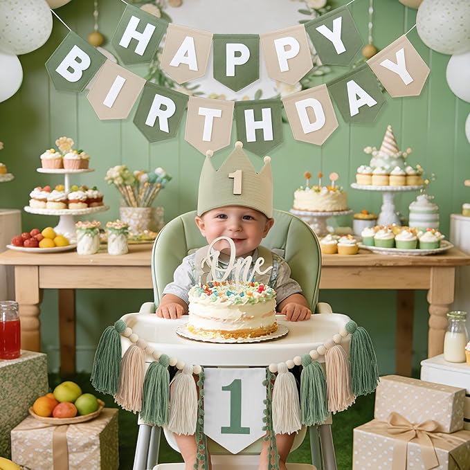 Wild One High Chair Banner Felt Green Happy Birthday Banner Pre-Strung Birthday Party Decorations For Boy 1st Birthday Decoration