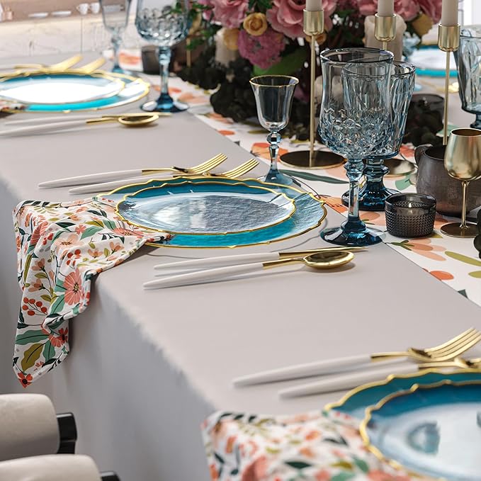 Exquisite Plastic Plates for Party 40 Piece Fancy Plastic Dinner Plates For 20 Guests 20 X 7.5 Dessert Plate & 20 X 10 Thin Delicate Disposable Dinnerware Charger Plate Peacock Gold Rim