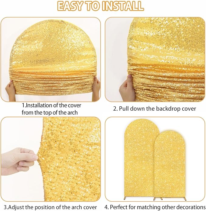 FUHSY Set of 2 Arch Backdrop Cover Gold Wedding Arch Covers 7.2FT, 6FT Chiara Arched Covers Stretchy Backdrops Sparkle Spandex Sequin Backdrop Arches Cover for Balloon Birthday Party Graduation Decor