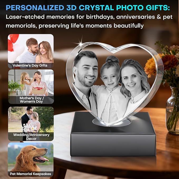 Custom 3D Crystal Photo Heart Medium – Premium: Multicolor LED Base, Gift Wrap & 3D Card; Ready to Gift for Couples
