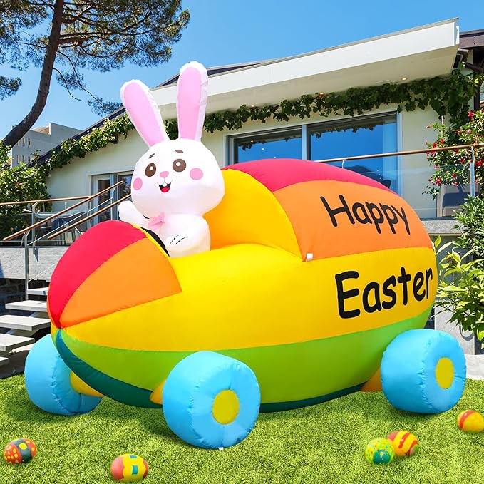 2025 New Huge Easter Inflatable Bunny Driving Car Outdoor Decorations, Build-in LED Lights Holiday Blow Up Yard Decoration, for Easter Holiday Party, Outdoor,Garden, Yard Lawn Décor