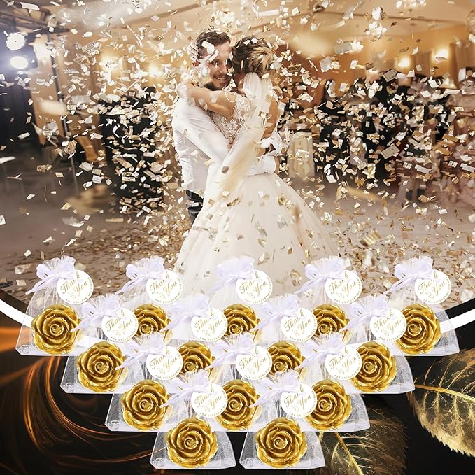 Treela 50 Set Flower Candles Wedding Favor for Guests Mini Gold Rose Shaped Tealight Candles for Return Gift Wedding Birthday Bridal Shower Housewarming Party