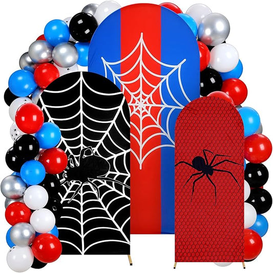 34 Pcs Spider Birthday Party Decorations 3 Spider Web Arch Backdrop Covers (4/5/6ft) Web Spandex Arch Cover with 30 Red Blue and Black Silver Balloons for Birthday Party Photo Props Decor