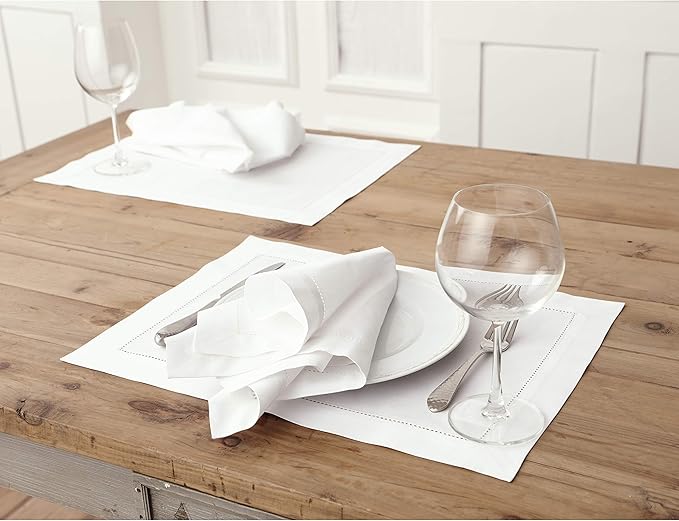 Solino Home White Placemats Set of 4 - Cotton Linen Hemstitch Placemats 14 x 19 Inch for Winter, Valentines, Spring, Easter
