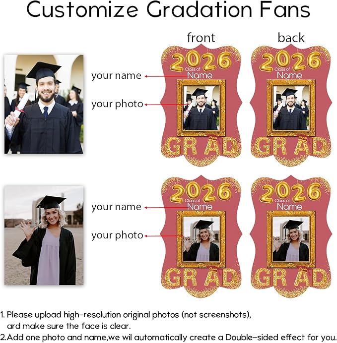 Personalized Graduation Double Sided Face Fan Class of 2026 Customized Graduation Head Face Cutout with Handle Fun Photo Prop Supplies(A-Rose Gold Pink,24pcs)