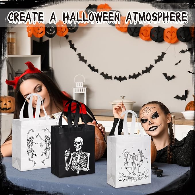 Wesnoy 48 Pcs Halloween Skeleton Gift Bags Party Favors Reusable Black White Non Woven Skull Goodie Candy Treat Tote Bags Bulk with Handles Hippie Dancing Skeleton for Birthday Party
