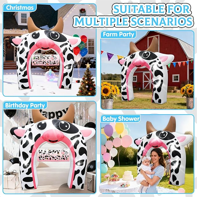 12FT Inflatable Cow Arch Outdoor Decorations Giant Cow Inflatables with Built-in 5 LED Lights Farm Animals Blow Up Garden Yard Lawn Decor for Baby Shower Cow Easter Valentines Day Birthday Party