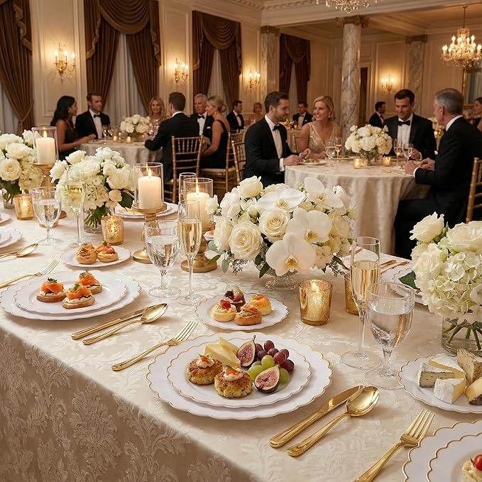 supernal 100pcs White and Gold Plastic Plates Scalloped Plastic Plate - Plastic Plates for Party,Pretty Dinner Plate Perfect for Valentine's Day Wedding and Birthday
