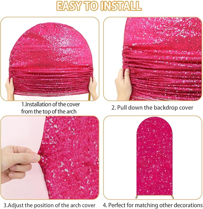 FUHSY Wedding Arch Cover 7.2 FT Sequin Arch Stand Covers Hot Pink Arch Backdrop Cover Spandex Fit Arches Covers Fabric for Arches Stands Fuchsia Party Backdrop Cover for Baby Shower Birthday Decor