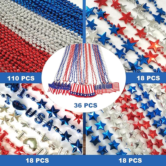 200 Pcs 4th of July Beads Necklaces Bulk, Red Blue Silver Patriotic Beaded Necklaces Parade Necklaces For Independence Day, 4th of July Decoration, Veteran Day Decoration