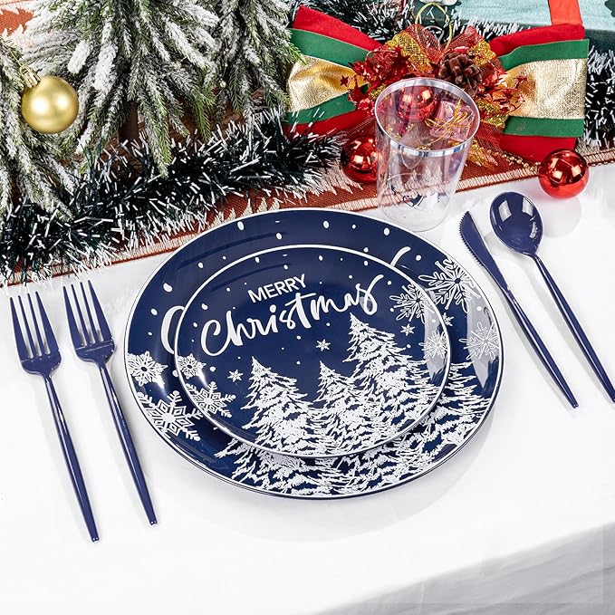 Supernal 150pcs Blue Christmas Plastic Plates - Christmas Party Tableware Set Include Blue Plastic Plates with White Xmas Trees, Heavy Duty Silverware Disposable, Silver Cups for New Year