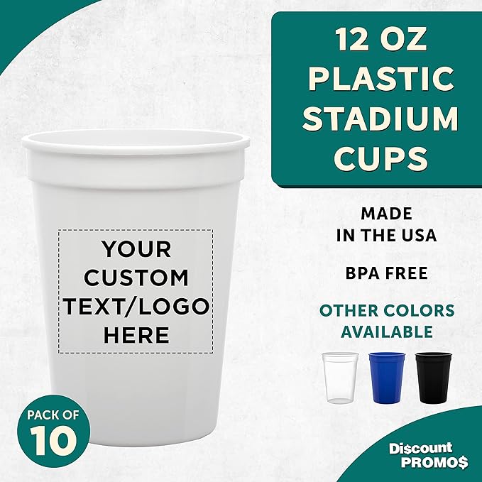 Custom Disposable Plastic Cups 12 oz. Set of 10, Personalized Bulk Pack - Perfect for Summer, Sporting Events, Birthdays, Weddings, Picnic, Beach, Parties - White