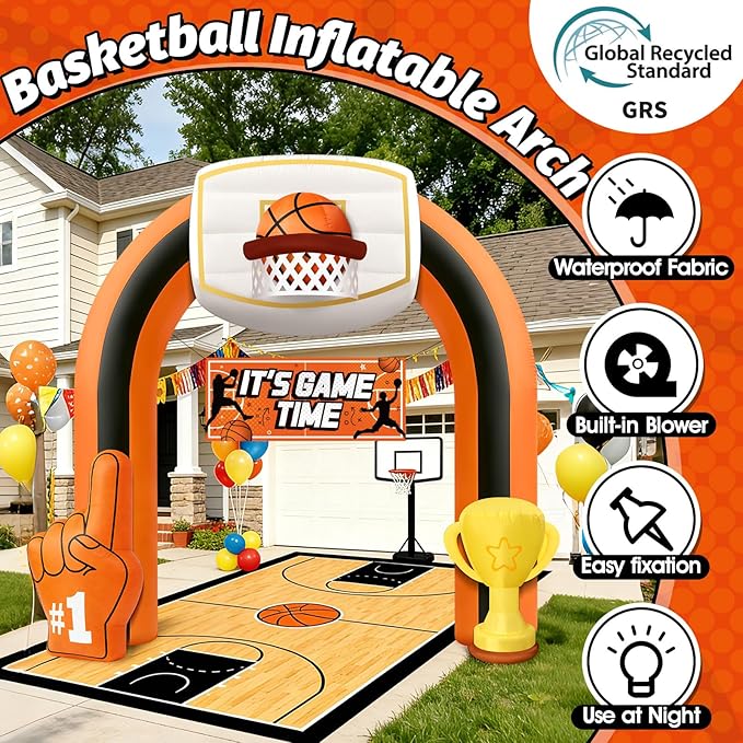 9 FT Giant Basketball Inflatable Arch, Game Day Blow up Basketball with 1 Blower Built-in 5LED Lights and 2 Banners for Team Coach Stadium Basketball Yard Outdoor Party Decorations