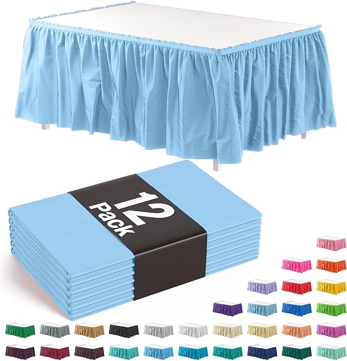 Exquisite Ruffle Table Skirt Light Blue 12 Pack 14 Ft Long Table Skirts for Rectangle Tables 6ft Plus or Round Tables Skirts with Adhesive Strip for Gender Reveal Decor & Happy Birthday Parties