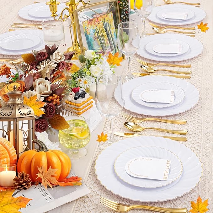 YOUBET 125PCS White Plastic Plates with Gold Rim, Gold Plates Disposable with Golden Silverware Include 25 Dinner Plate 25 Dessert Plate 25 Forks 25 Knives 25 Spoons For Wedding, Parties