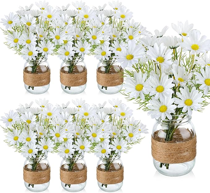 43 Pcs/ 6 Set Daisy Mason Jar Table Centerpiece Mason Jar Vases Faux Floral with Rope Boho Rustic Flower Table Decoration for Reception Engagement Party Bridal Shower Wedding