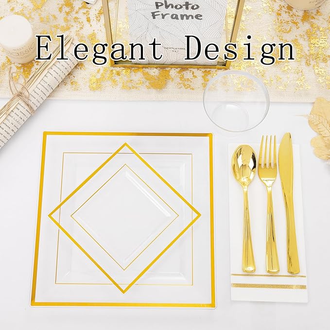Festiva 350Pcs Clear Plastic Plates with Gold rim - Clear Gold Disposable Dinnerware for 50 Guests includeSquare Plastic Plates/Cups/Cutlery/Napkins Perfect for Birthday Party&Wedding