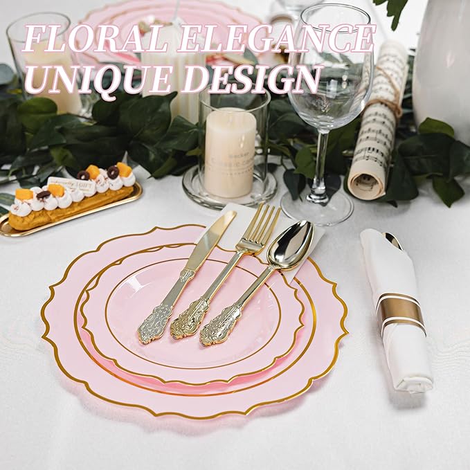 350PCS Pink Plastic Plates, Gold Plastic Dinnerware Sets for 50 Guests, Include 100 Disposable Plates, 50 Cups and 50 Pre Rolled Napkins with 150 PCS Gold Silverware for Party and Wedding