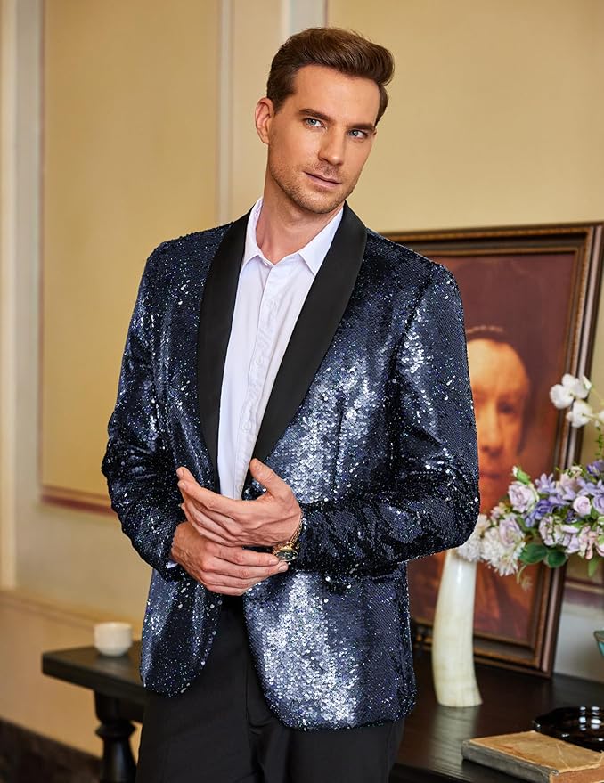 COOFANDY Mens Shiny Sequin Blazer Tuxedo Party Dinner Prom One Button Suit Jacket