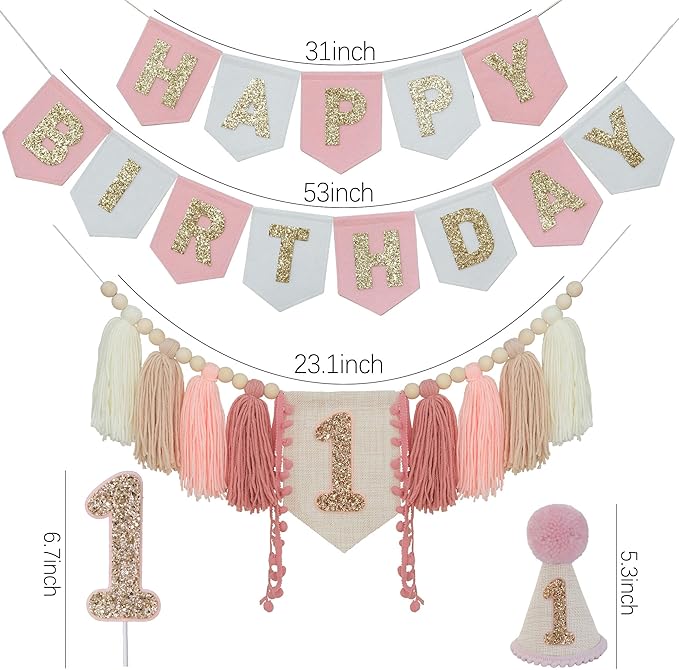 Pink Felt Happy Birthday High Chair Banner Pre-Strung Birthday Hanging Decoration For Baby Girl 1st Birthday Party Decorations