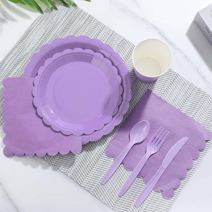 350 Pcs Lavender Paper Plates and Napkins, Easter Plates Light Purple Party Supplies Include Light Purple Scalloped Plate Napkins Cups Plastic Spoon Fork Knive for Baby Shower, Wedding, Birthday