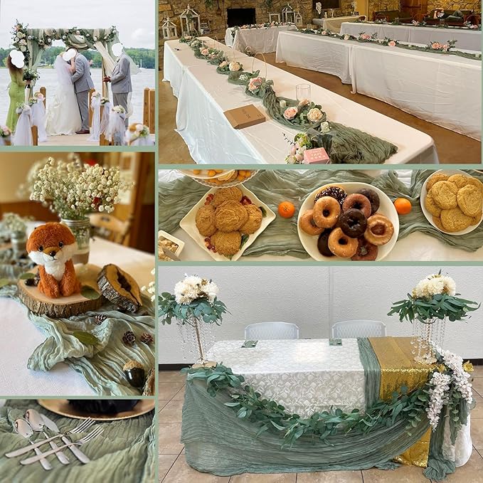 16Pack Green Cheesecloth Table Runners – Boho Gauze Vintage Table Decor, 120 Inch Long Rustic Cloth Runner for Wedding, Bridal Shower, Birthday, Romantic Party 10Ft (Dusty Green, 24" x 120"-16Packs)