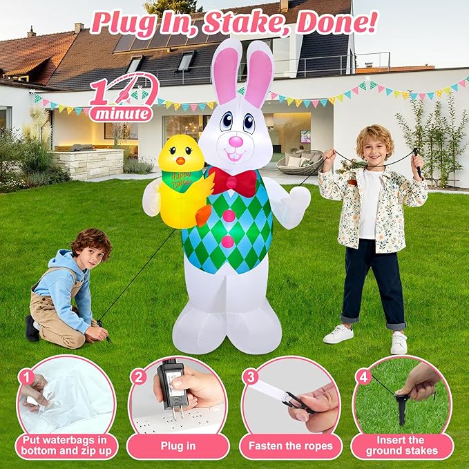 Danxilu 5 Foot Easter Inflatables Outdoor Decorations, Cute Blow Up Bunny Holding Chick for Outside, Built in LEDs Spring Holiday Inflatable Yard Decoration for Party Indoor Garden Lawn