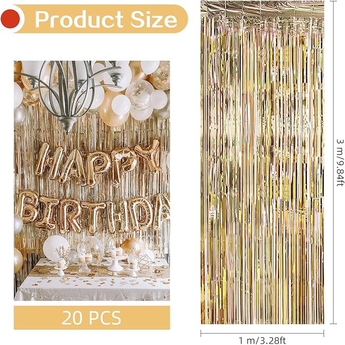 20 Pack Champagne Gold Foil Fringe Curtains 3.2ft x 9.8ft Foil Curtain Backdrop Metallic Tinsel Curtains Streamer Photo Booth Backdrop for Birthday Party Engagement Bachelorette Party Decorations