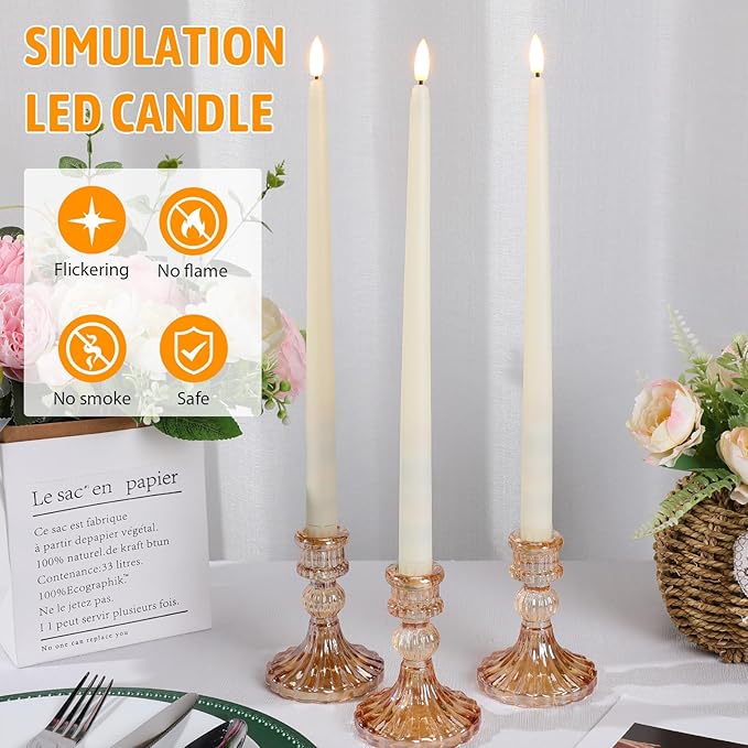 Baquler 100 Pcs Flameless Taper Candles Battery Operated Bulk 12.4 Ivory LED Taper Candles Flickering LED Candlesticks for Wedding Advent Halloween Christmas Party Decor