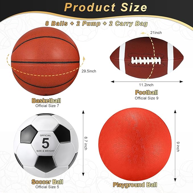 Deekin 8 Pcs Assorted Sport Balls Set Official Size Basketball Football Soccer Playground Balls with Pump and Bag Multi Athletic Ball for Youth Adult Outdoor Indoor Holiday Sports Gifts