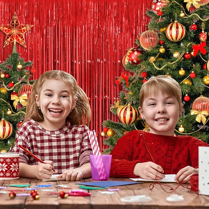 Red Foil Fringe Curtains 50 Pack 3.2ft x 8.2ft Fringe Backdrop Curtains Metallic Tinsel Streamer Photo Backdrop for Birthday Party Decorations Halloween Christmas Party Supply (Red)