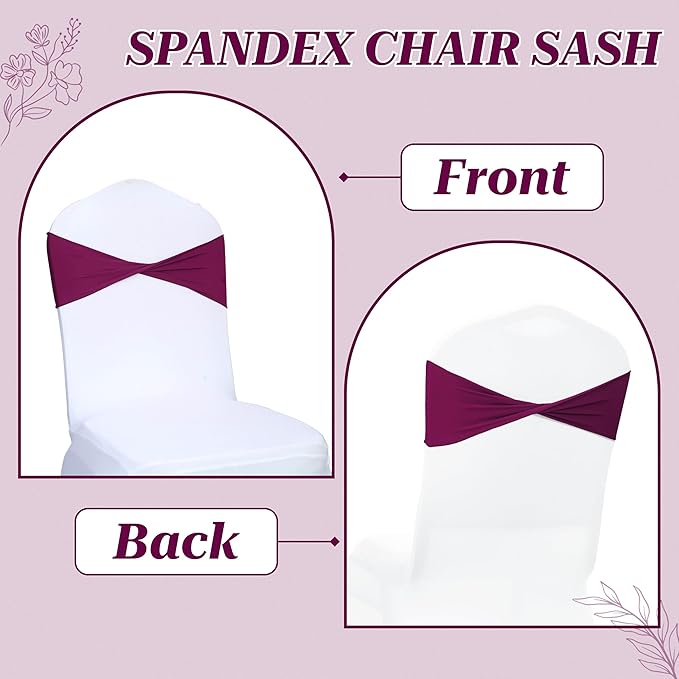 VDS Pack of 25 PCS | Eggplant | Spandex Chair Sashes Bows Without Buckle | Stretch Elastic Banquet Universal Folding Chair Band Tie with for Wedding Party Conference Celebration Event Decoration