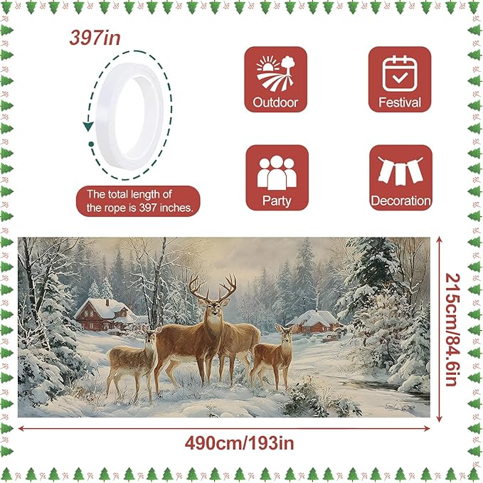 Christmas Garage Door Banner 7x16FT, Winter Reindeer Family Garage Door Cover, Large Outdoor Xmas Decoration for Garage Doors, Garden Fence & Holiday Parties