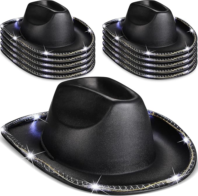 Kigeli 10 Pcs Lights LED Cowboy Cowgirl Hat LED Flashing Hat Cowgirl Hat for Western Cowboy Role Play(Silver,Sequin)