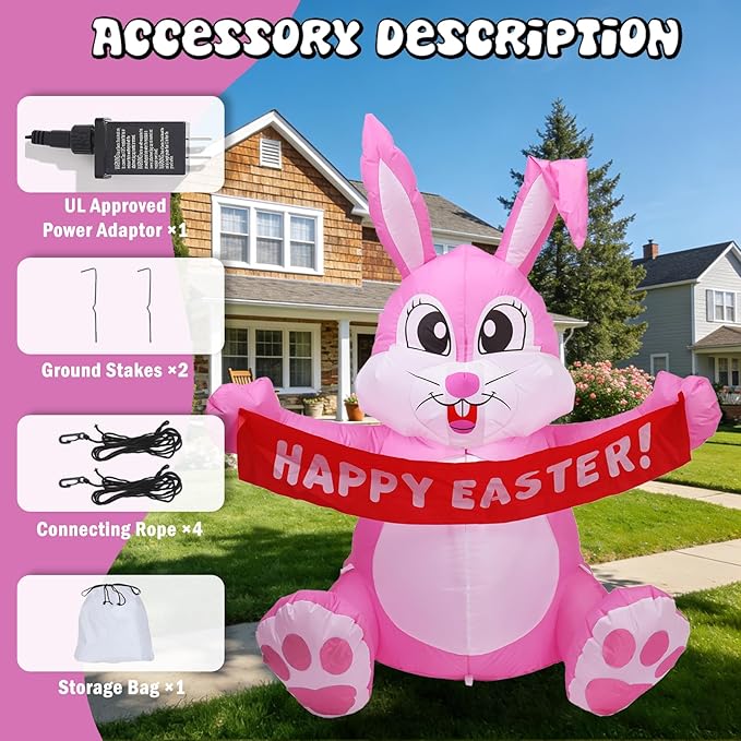 Dearsun 5FT Adorable Easter Inflatable Bunny Holding a Banner, Easter Blow up Yard Decorations Giant Pink Bunny with LED Lights for Holiday Party Indoor Outdoor Decor