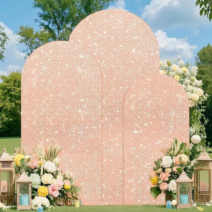 FUHSY Rose Gold Arch Cover Set of 3 Spandex Arch Stand Cover 6ft 5ft 4ft Chiara Backdrop Covers for Balloon Arch Stands Sequin Wedding Arch Cover Party Arch Backdrop Frame Cover for Birthday Decor