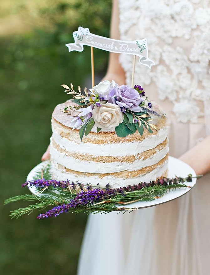 CherishedMoments 3Pcs Cake Topper Set, Wedding Artificial Flowers Decor Purple Cake Topper Decorations for Wedding Ceremony Anniversary, Home Decor,Fall Vintage